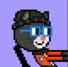 a pixel art drawing of a cat wearing blue glasses