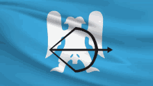 a blue and white flag with a bow and arrow