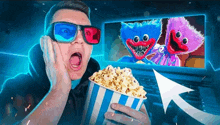 a man wearing 3d glasses is holding a bucket of popcorn and watching a video on a laptop .