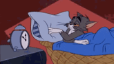 a cartoon cat is sleeping in a bed next to an alarm clock