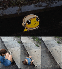 a woman laying on the ground next to a yellow cartoon character with a helmet on