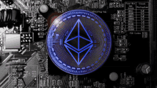 a motherboard with a blue coin on it that says ethereum