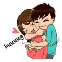 a cartoon of a boy and a girl hugging each other with a heart in the background .