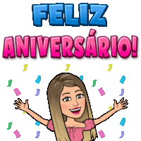 a cartoon woman with her arms outstretched and the words feliz aniversario