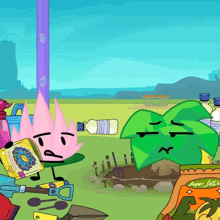 a bag of super seeds sits on the ground next to a cartoon character