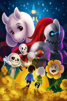 a painting of a group of cartoon characters including sans and frisk