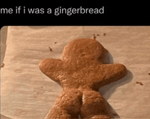 a gingerbread man is laying on a piece of wax paper with the caption me if i was a gingerbread