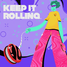 an illustration of a person holding a yo-yo and the words keep it rolling