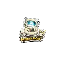 a sticker of a robot sitting next to an alarm clock and a cup of coffee that says monday mode
