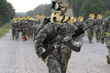 a doge wearing a helmet and goggles is walking with a group of soldiers