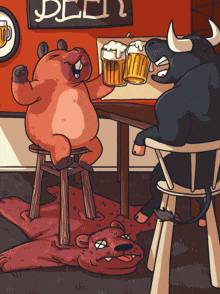 a cartoon drawing of a bull and a bear sitting at a table with beer mugs