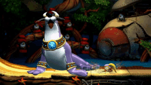 a purple seal in a video game with penguins