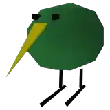 a green kiwi bird with a long yellow beak and black legs .