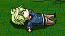 a cartoon of a person laying on their back on a green field .