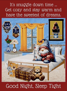 a good night sleep tight poster with a gnome sleeping on a bed