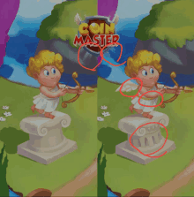 a cupid with a bow and arrow is on a pedestal in front of a sign that says coin master