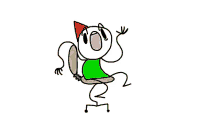 a stick figure is sitting in a chair wearing a party hat and a green shirt .