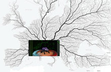 a black and white map with a purple spider on it