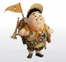 a cartoon character from up holding a flag and a trumpet