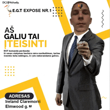 a man in a suit and tie is pointing at the camera with the words " as galiu tai iteisti " above him