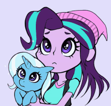 a drawing of a girl holding a baby pony