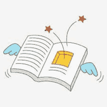 a cartoon drawing of an open book with wings and stars coming out of it .