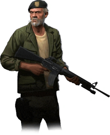 a man in a green jacket and black beret is holding a gun ..