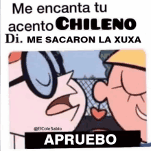 a cartoon of two people kissing with the words me encanta tu acento chileno di me sacaron la xuxa apruebo