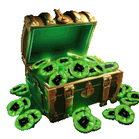 a treasure chest filled with green coins with the letter l on them