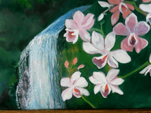 a painting of a waterfall with pink and white flowers in the foreground