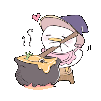 a cartoon of a duck wearing a witch hat stirring a cauldron .