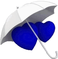 two blue hearts are under a white umbrella on a white background .