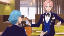 two anime characters one with blue hair and one with pink hair are talking to each other