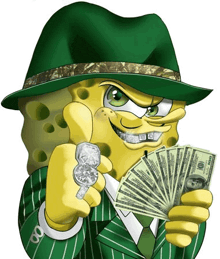 spongebob is wearing a green hat and holding a bunch of money .