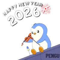 a penguin is playing a violin in a happy new year greeting