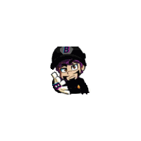 a cartoon character with purple hair and a black hat with the letter b on it