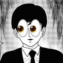 a black and white cartoon of a man with big eyes