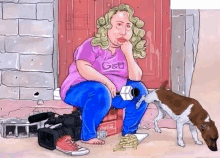 a cartoon of a woman sitting on a porch with a dog sniffing her feet .