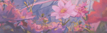 a painting of pink and purple flowers on a blue background .