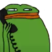 a green frog is talking on a phone with a scarf around its neck .