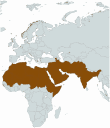 a map of the world showing the middle east highlighted in brown