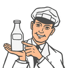 a man is holding a bottle of milk in his hand and pointing at it .