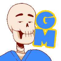 a cartoon drawing of a skeleton with a blue shirt and the letter g and m behind him