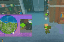 a screenshot of a video game shows a map and a person holding a green square