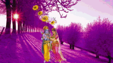 a couple of deities standing next to each other in a purple field