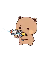 a cartoon bear is holding a water gun and spraying water out of it