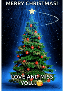 a merry christmas card with a christmas tree with a star on top