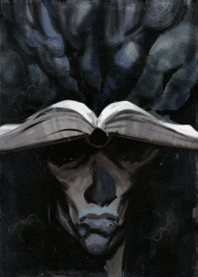 a painting of a face with a book covering it