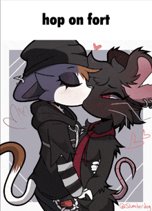 a drawing of a cat and a rat kissing with the caption hop on fort