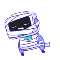 a cartoon drawing of a robot wrapped in bandages with its eyes closed